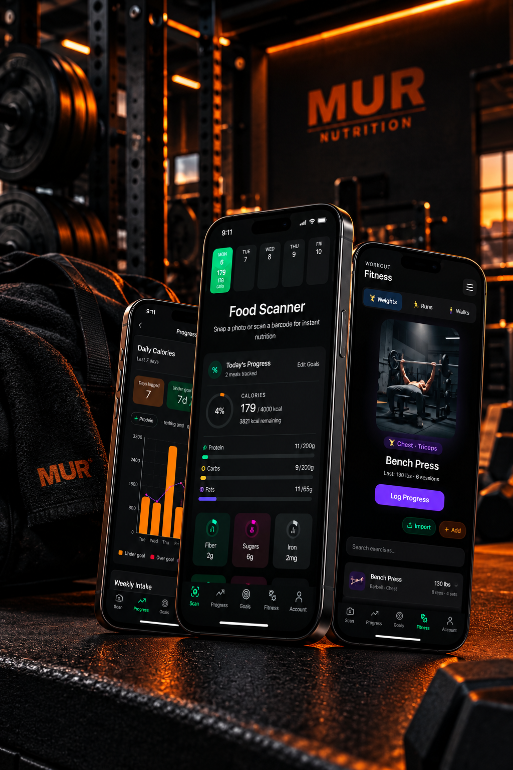 MUR Nutrition app screens in a gym setting
