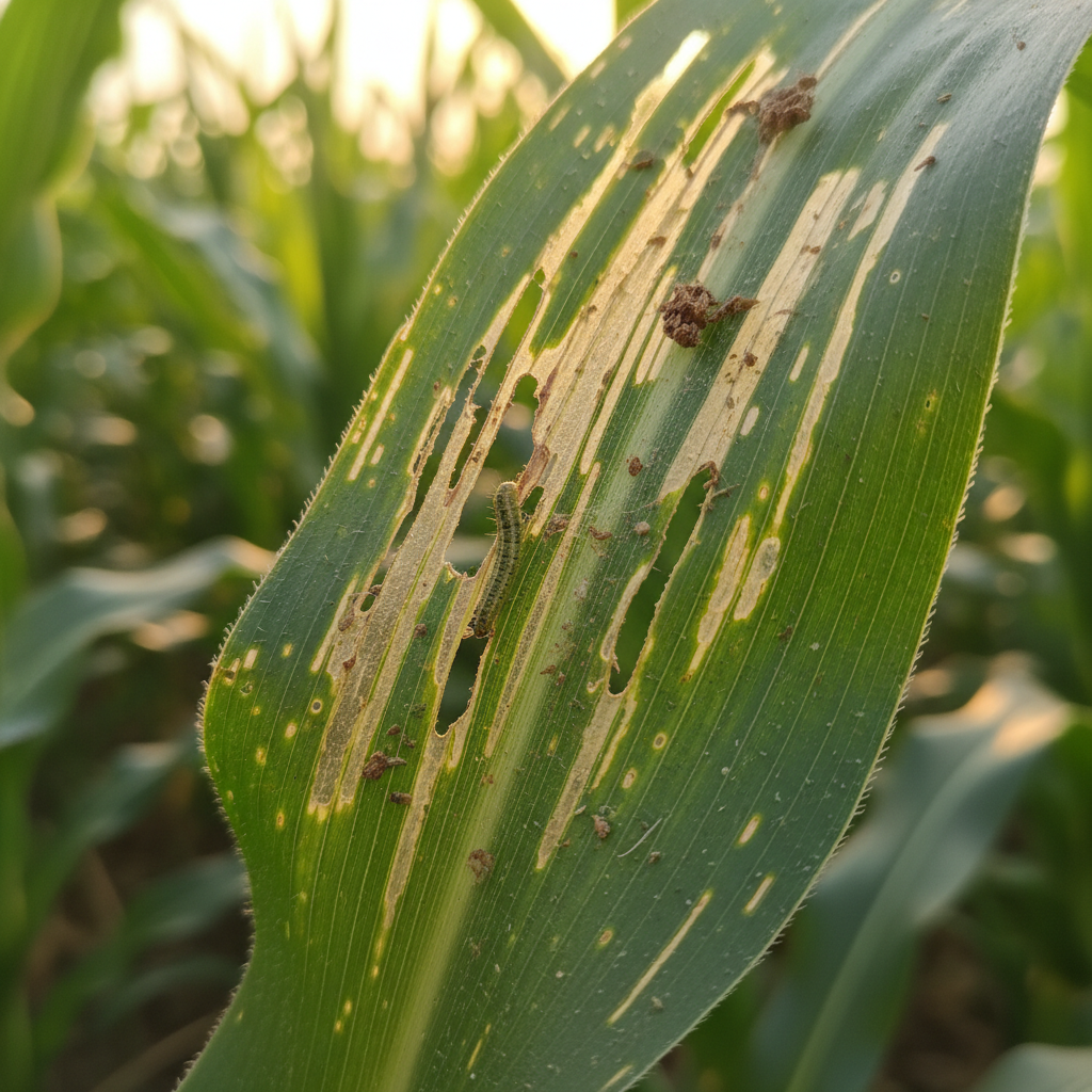 Maize leaf — Chewed, ragged holes