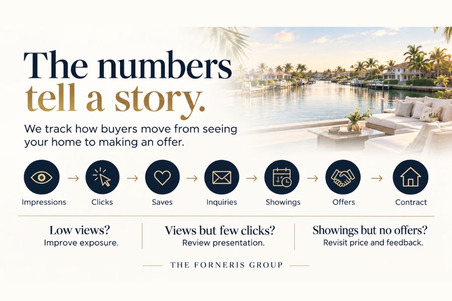 The numbers tell a story — impressions, clicks, saves, inquiries, showings, offers and contract