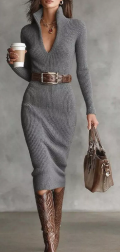 Ribbed knit v- neck sweater dress 