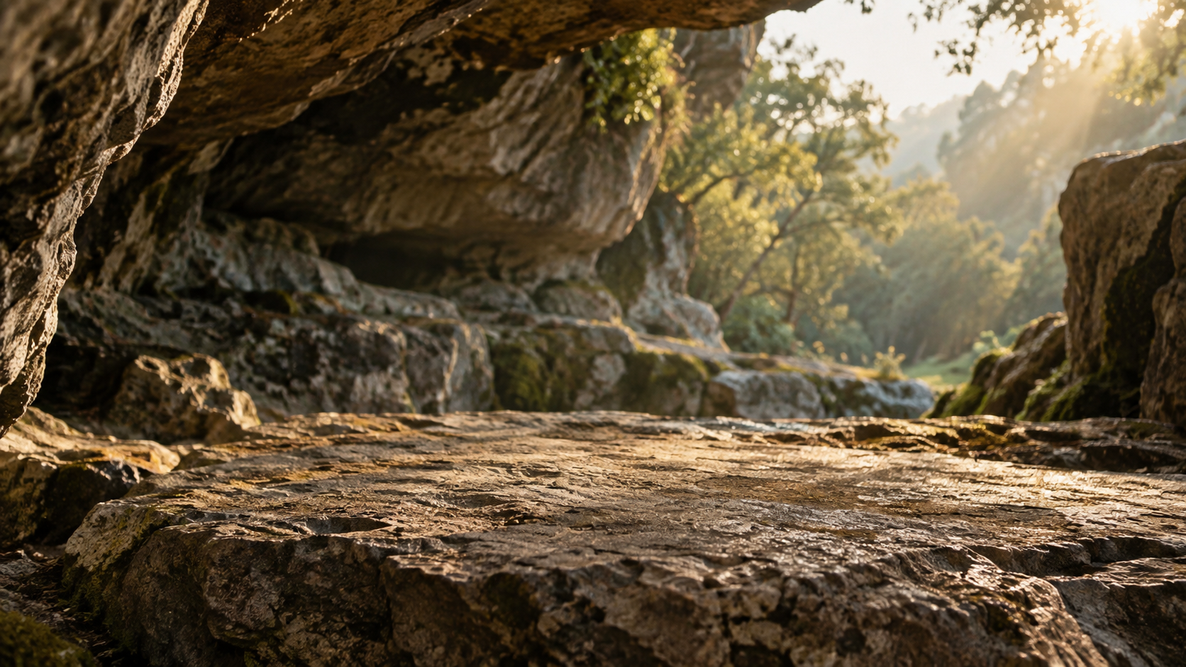 A natural stone ledge inside a cave opening, lit by warm daylight