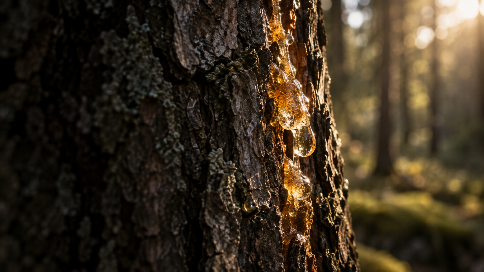 Amber pine resin weeping down the trunk of a dark, rugged tree