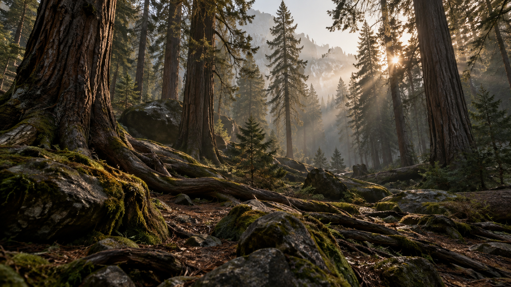 Ancient forest with massive tree trunks, exposed roots, and sunlight filtering through the canopy