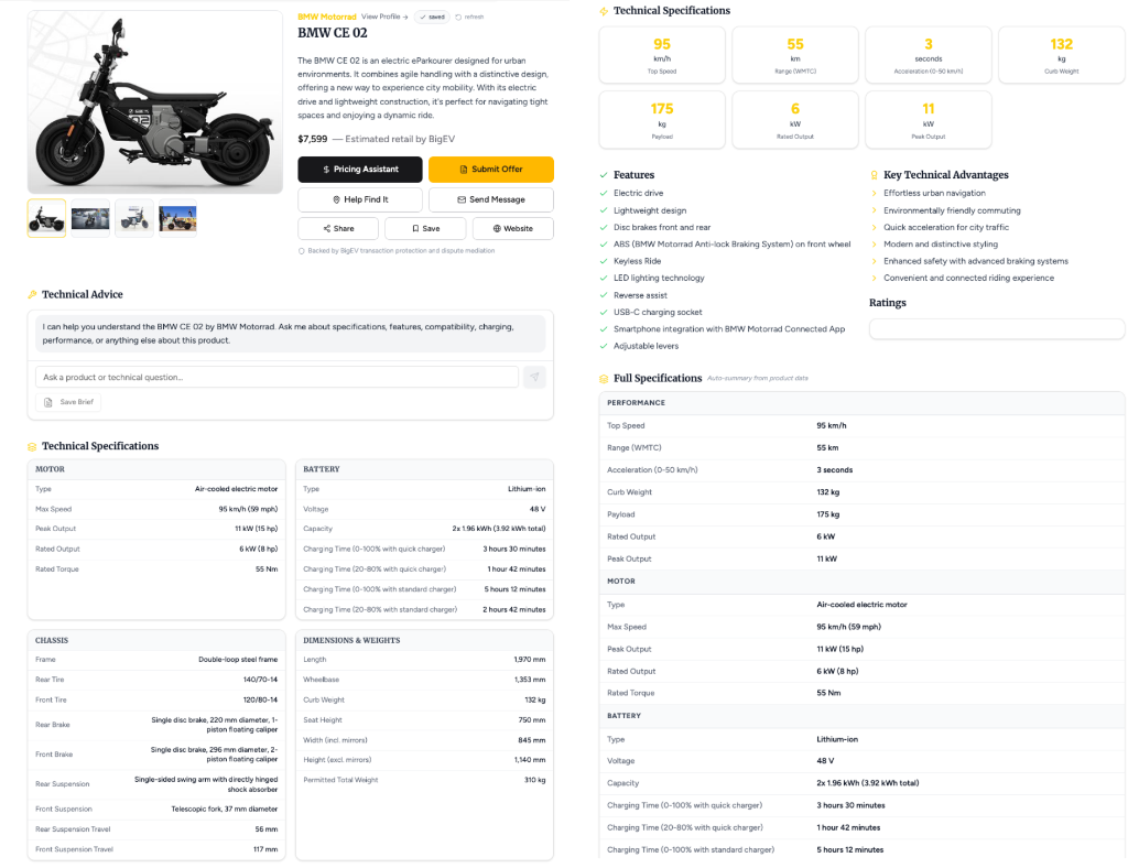 Published product page for the BMW CE 02 electric scooter showing the hero image, price, description, and technical specifications.