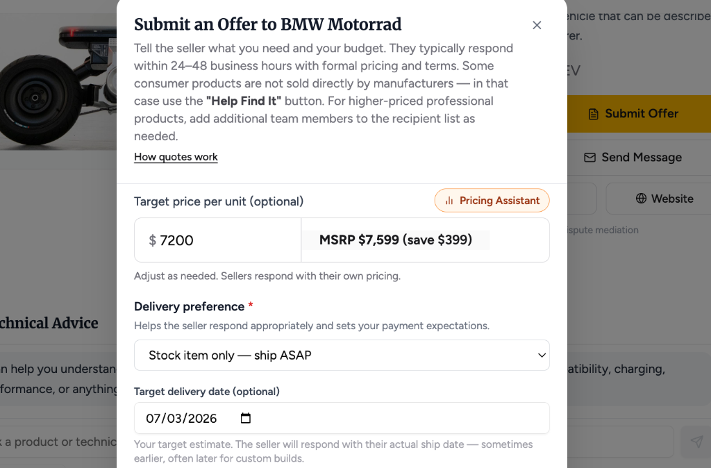 Submit an Offer to BMW Motorrad modal showing target price per unit with MSRP comparison and Pricing Assistant badge, delivery preference dropdown, and target delivery date field.