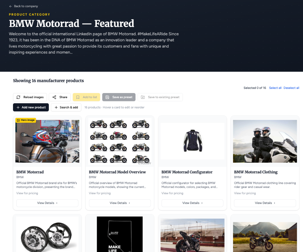 Manufacturer product catalog grid showing 16 featured BMW Motorrad products with edit and reorder controls.