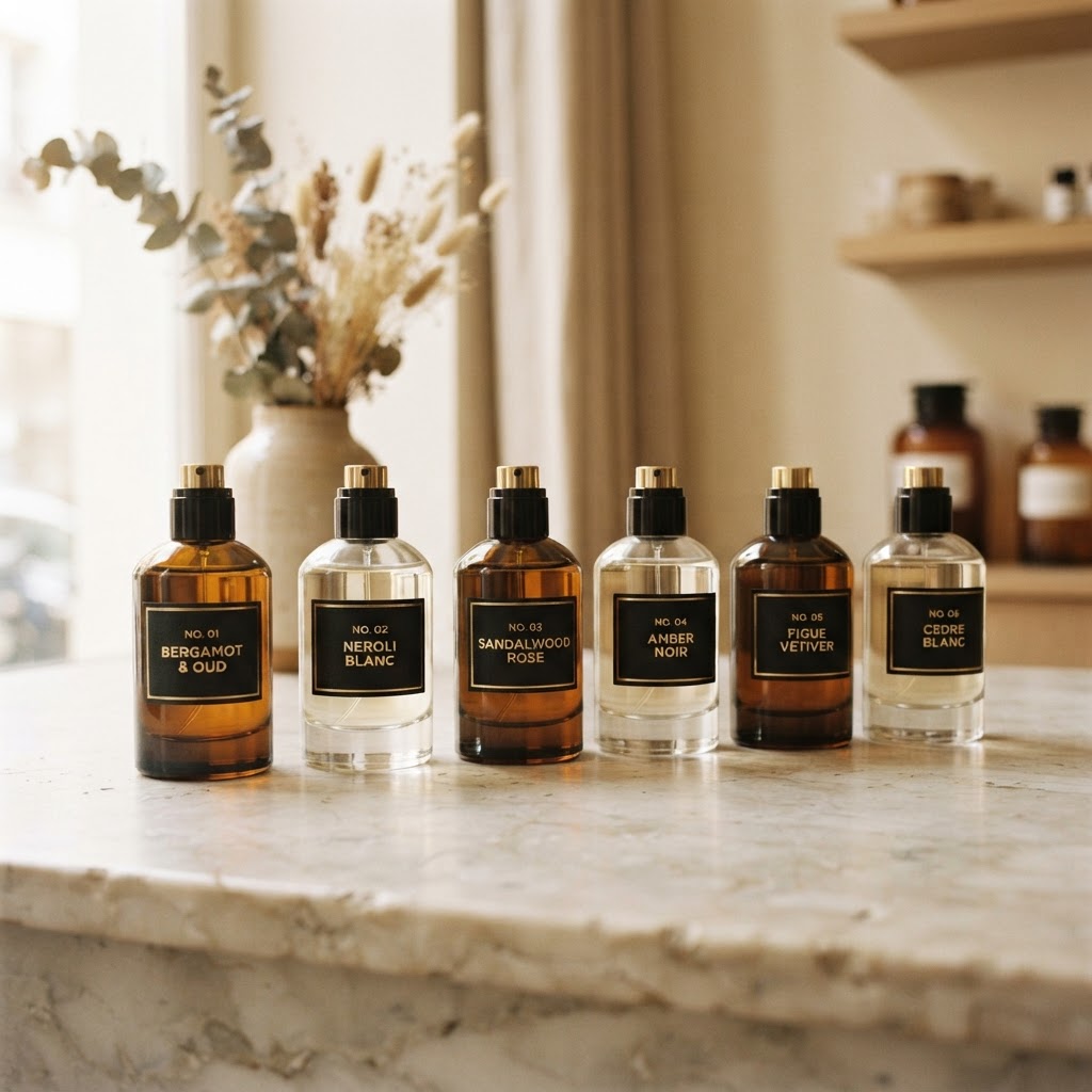 Custom blend bottles with gold labels on marble