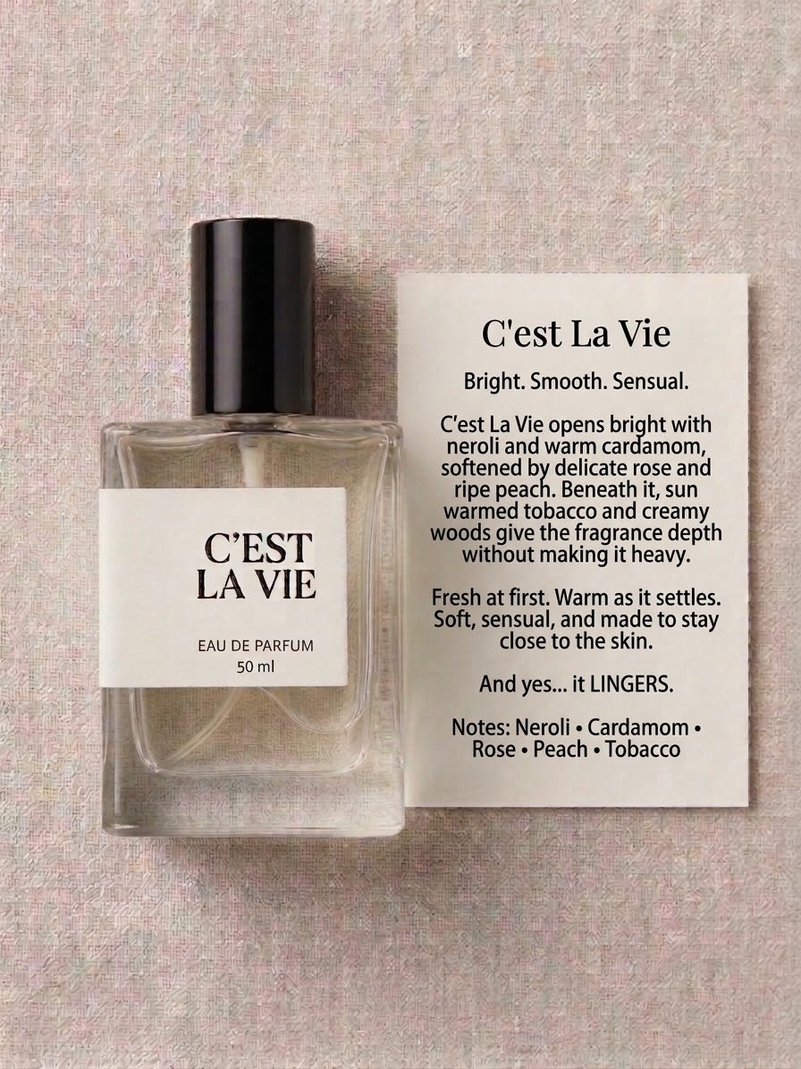 C'est La Vie Eau de Parfum 50ml bottle with description card