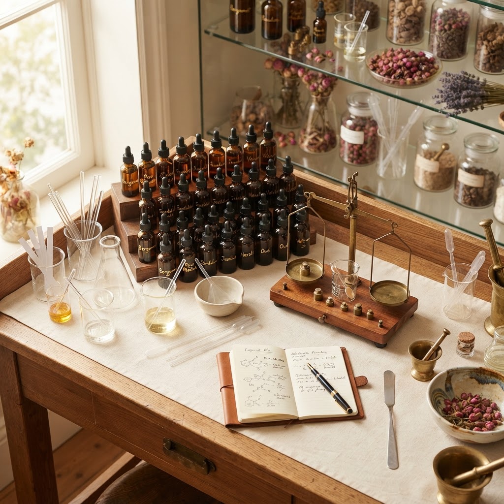 Perfumer's atelier workbench with blending tools
