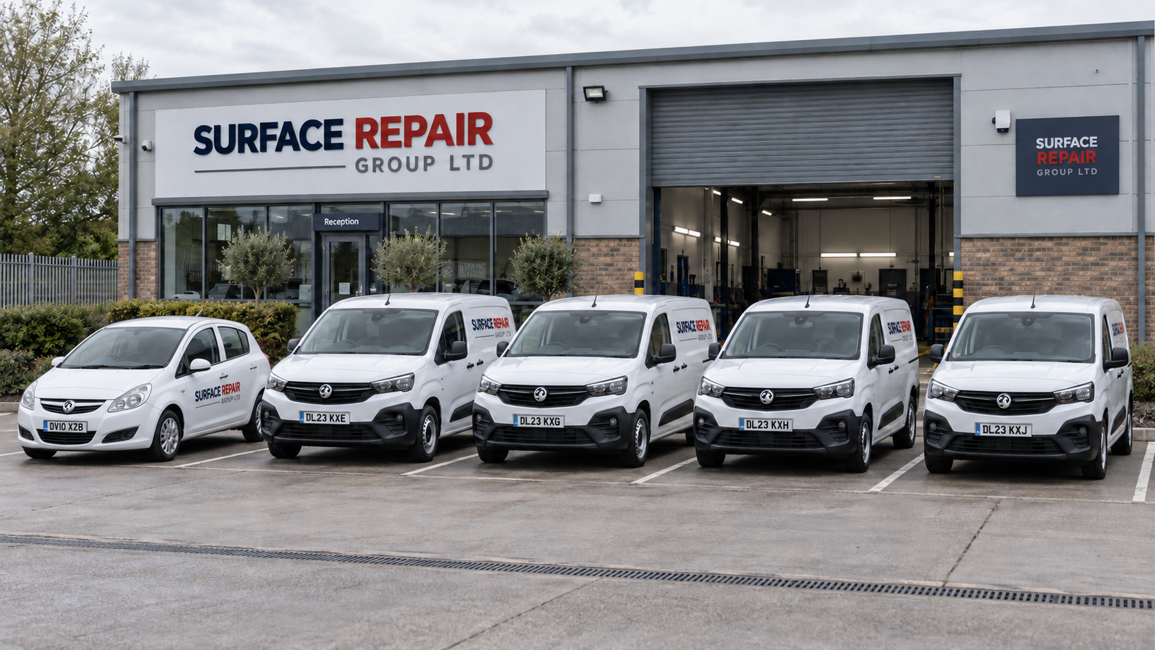 Surface Repair Group Ltd fleet of branded vans outside their workshop — professional surface repair service across London and South East