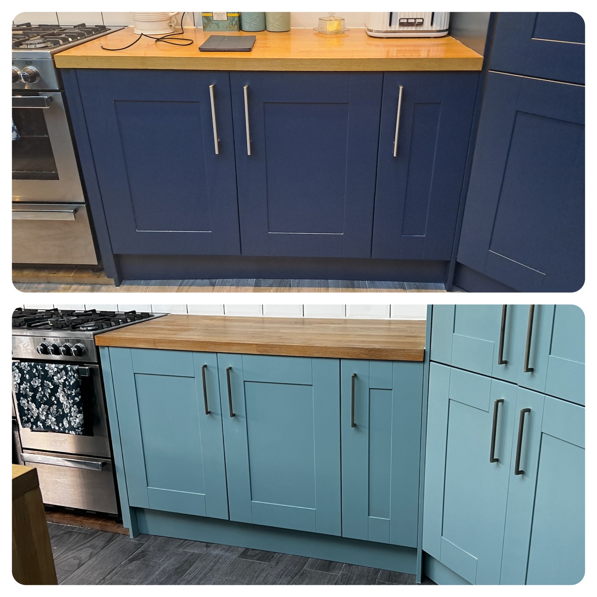 Kitchen cabinet respray comparison, navy before and teal after