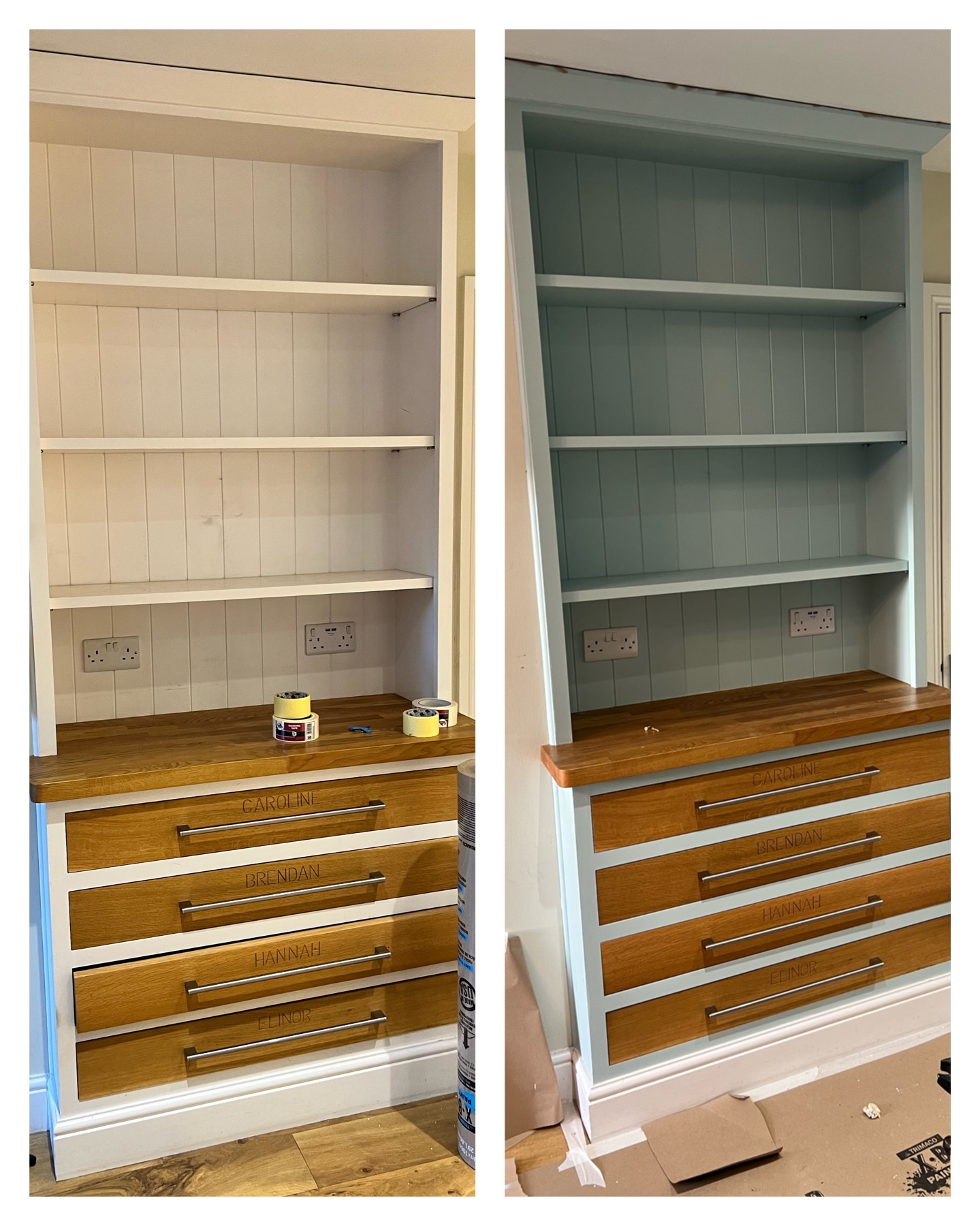 Cream kitchen dresser before spraying and muted green finish after spraying