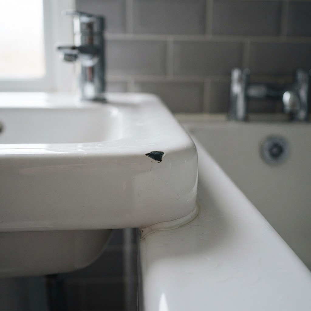 Small chip on a white bathroom surface