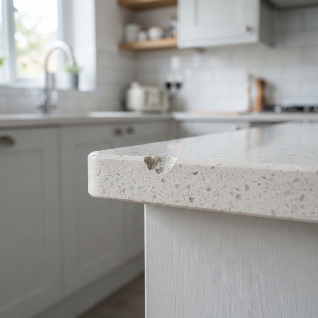 Small chip on a pale kitchen worktop edge