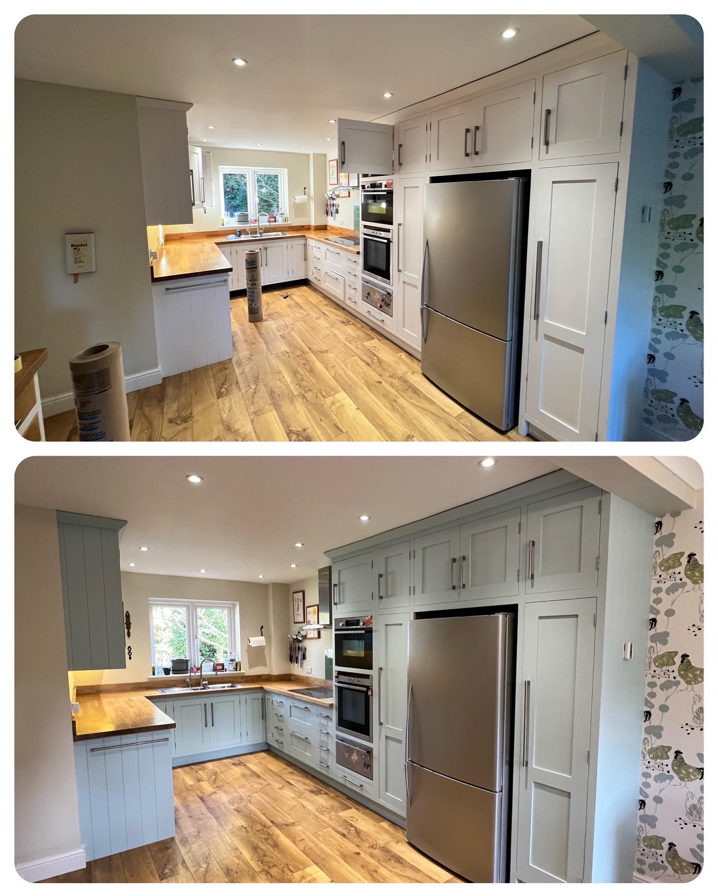 Before and after kitchen cupboard spraying with wooden worktops retained