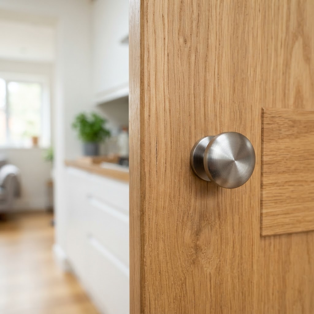Scratch on a pale wooden cabinet door