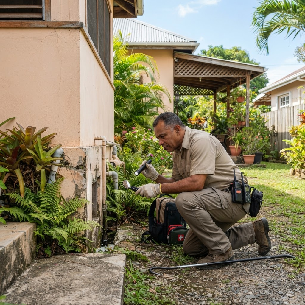 Wildlife specialist assessing a property for wildlife entry points.