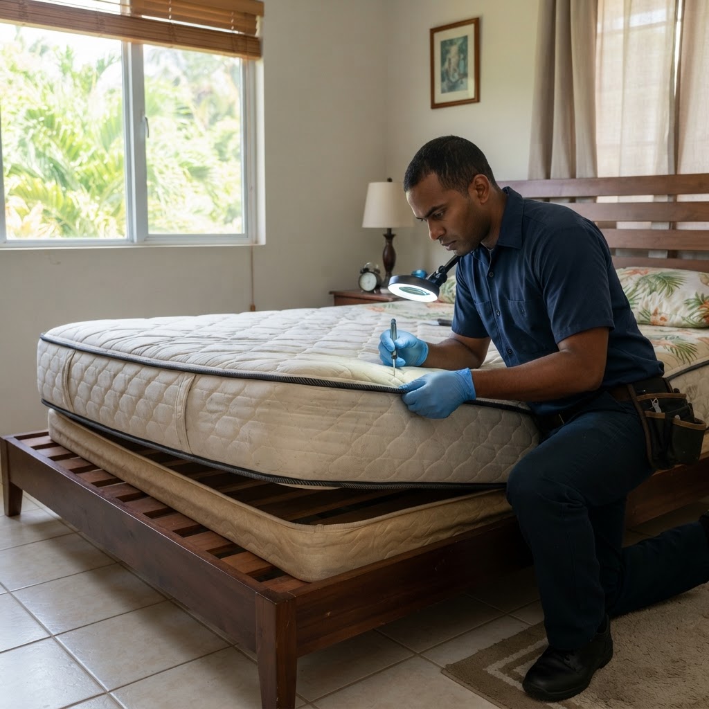 Professional pest control technician inspecting a mattress for bedbugs.
