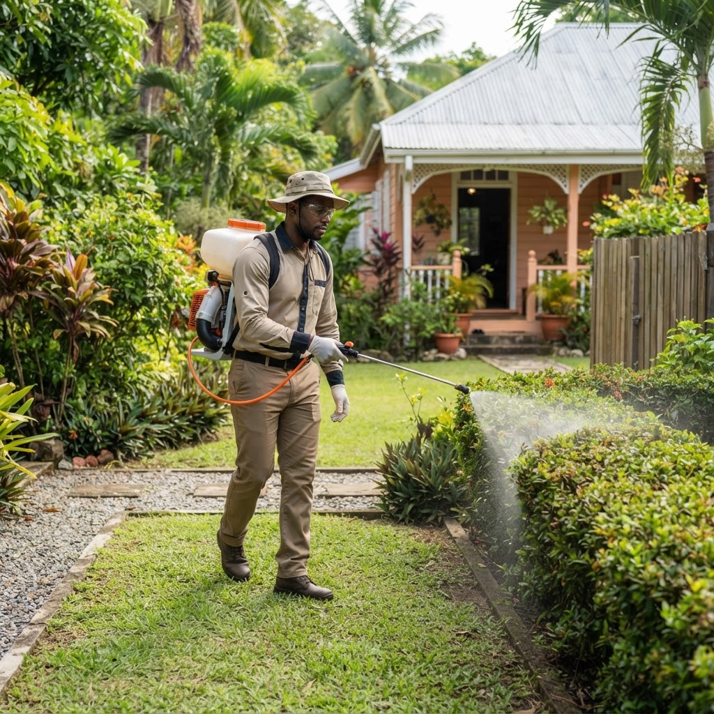 Professional pest control technician treating a yard for ticks.