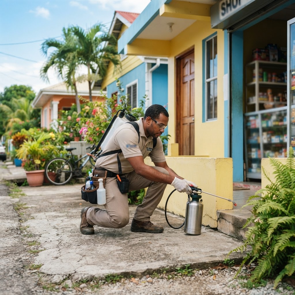 Professional pest-control technician treating a home.