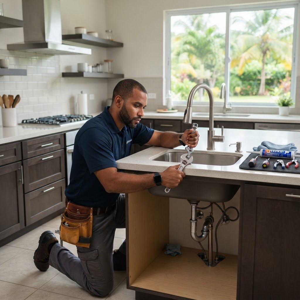 Professional installing kitchen fixture installation.