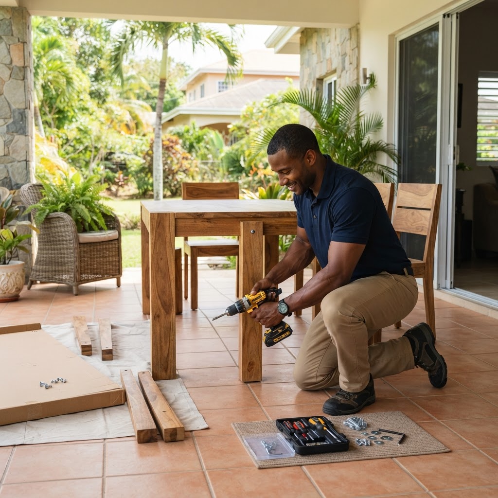 Professional installing dining table assembly.