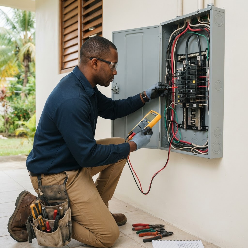 Professional servicing electrical panel inspections.