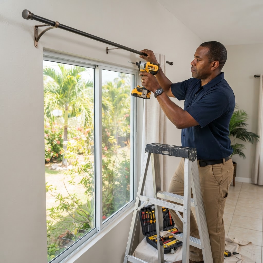Professional installing curtain rod installation.