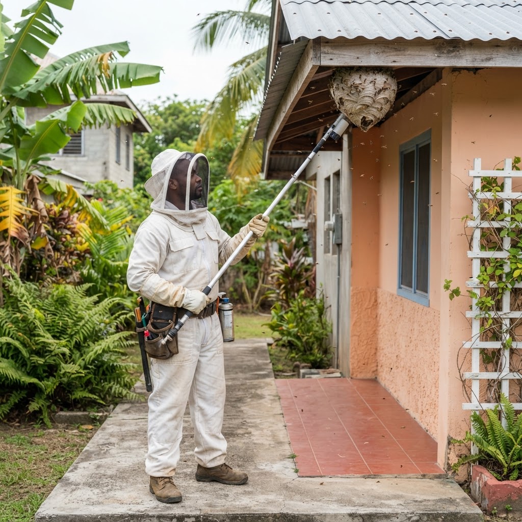 Professional pest control technician in protective gear assessing a wasp nest.