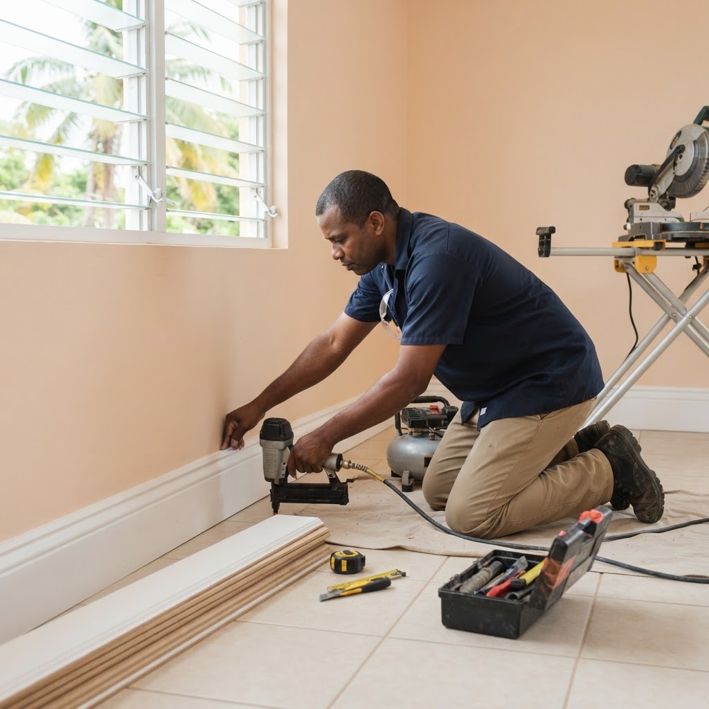 Professional installing skirting board installation.