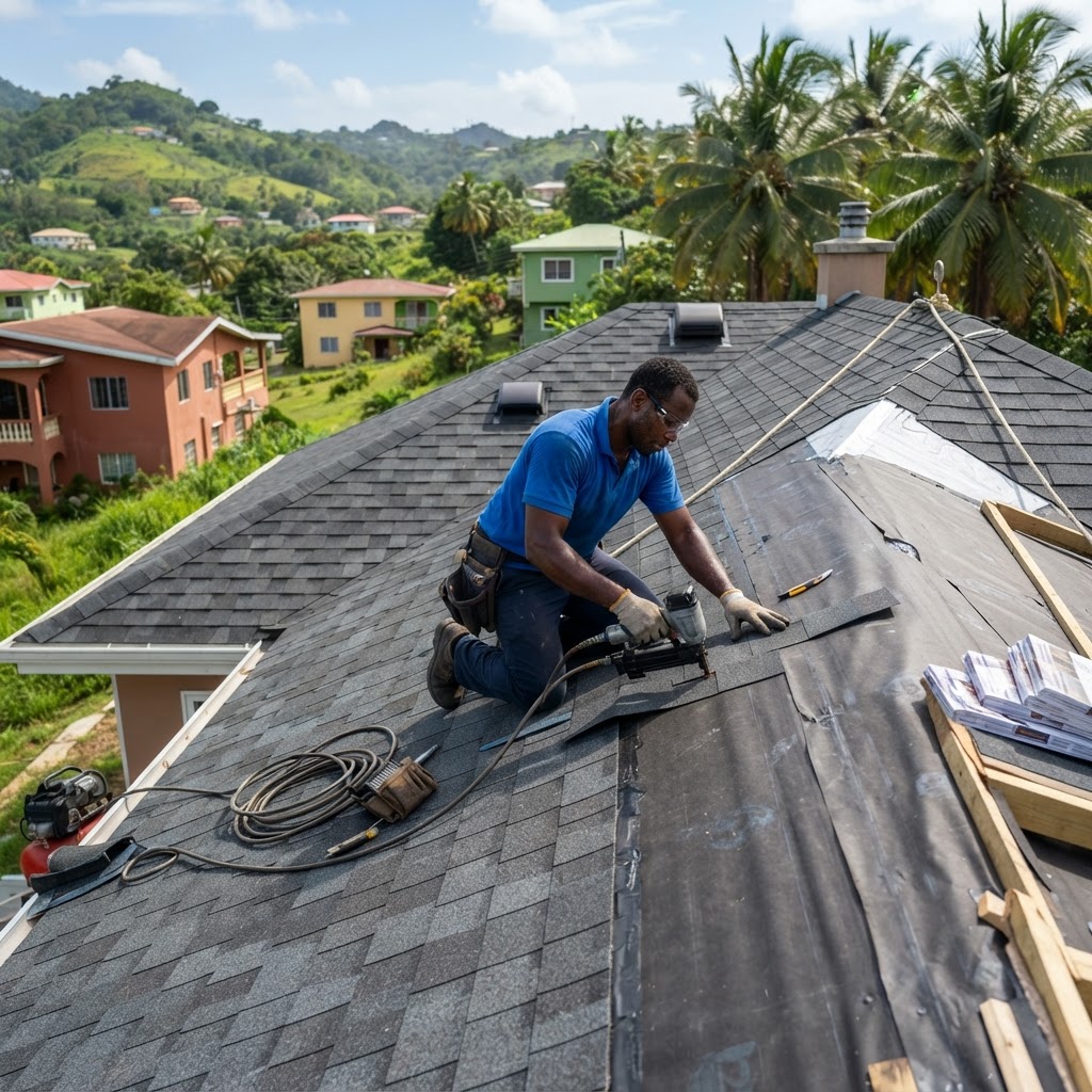 Professional roofer installing shingles on a residential roof.