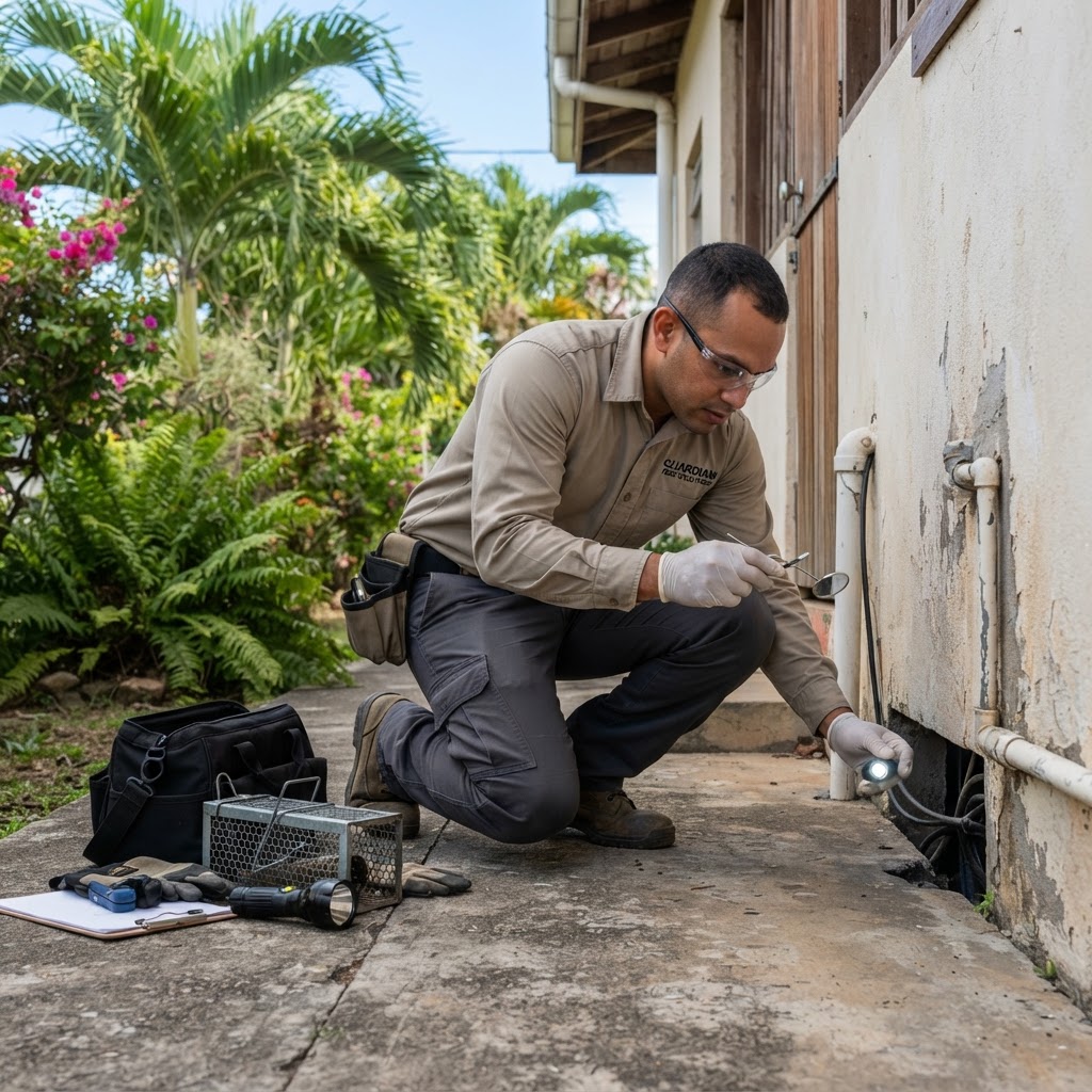 Professional pest control technician inspecting rodent entry points in a home.