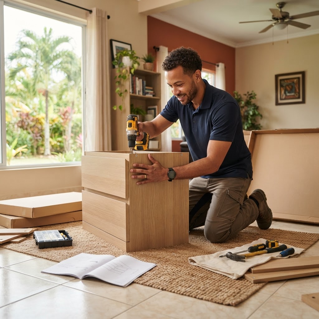 Professional installing flat-pack furniture assembly.