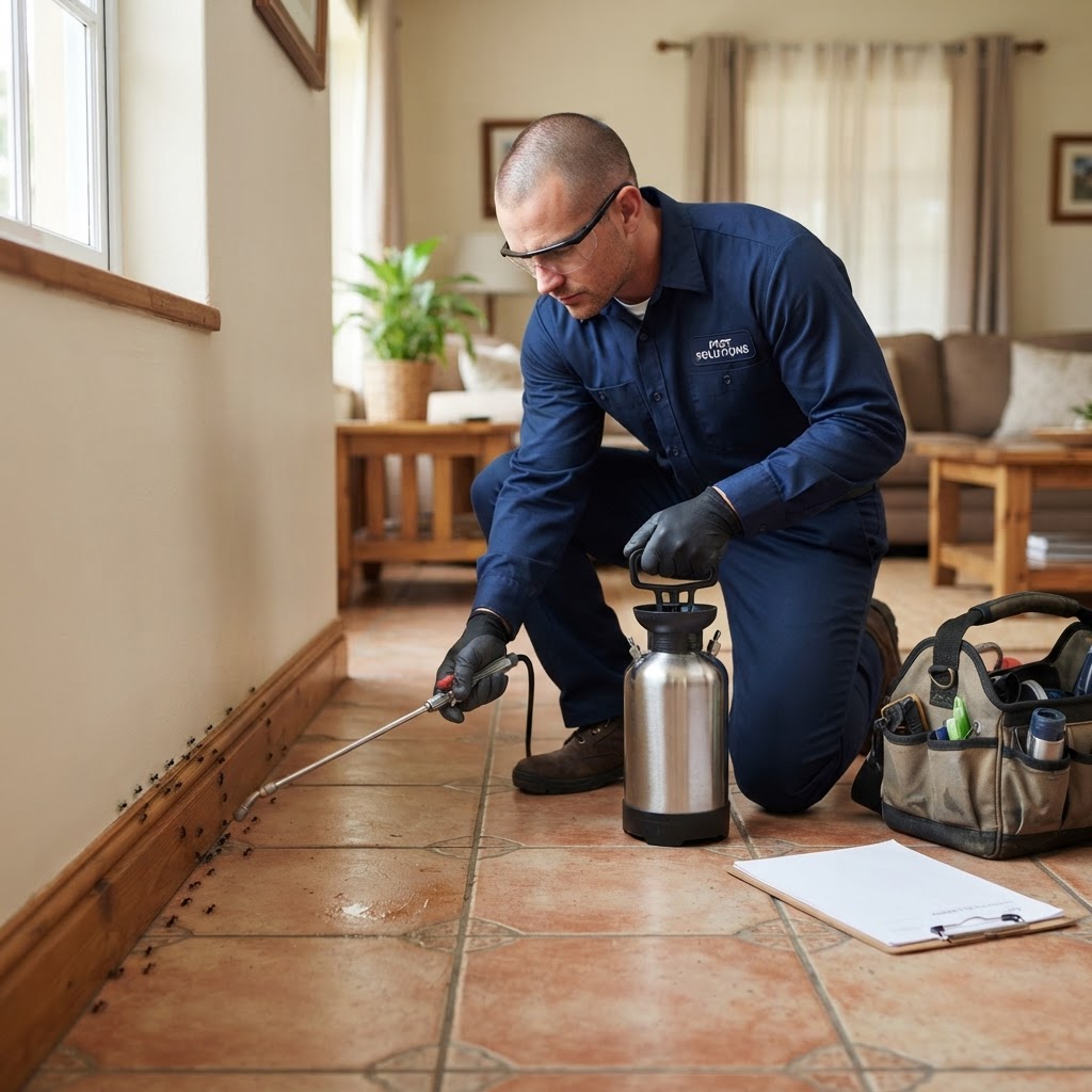 Professional pest control technician treating an ant infestation along a baseboard.