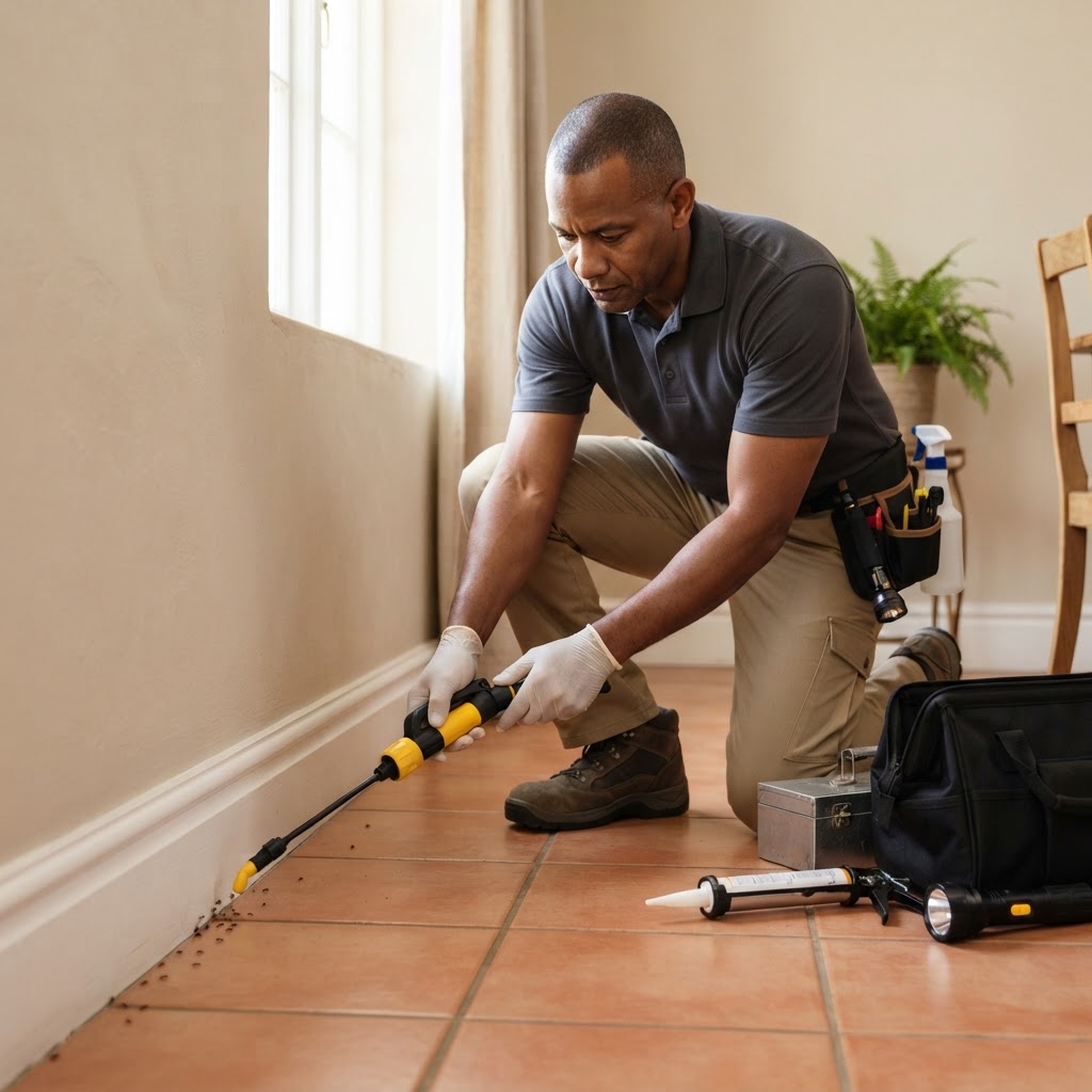 Professional pest control technician treating an ant infestation along a baseboard.