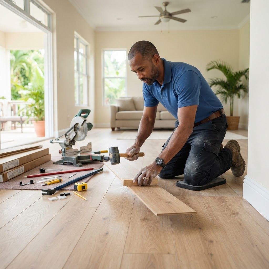 Professional installing laminate flooring installation.