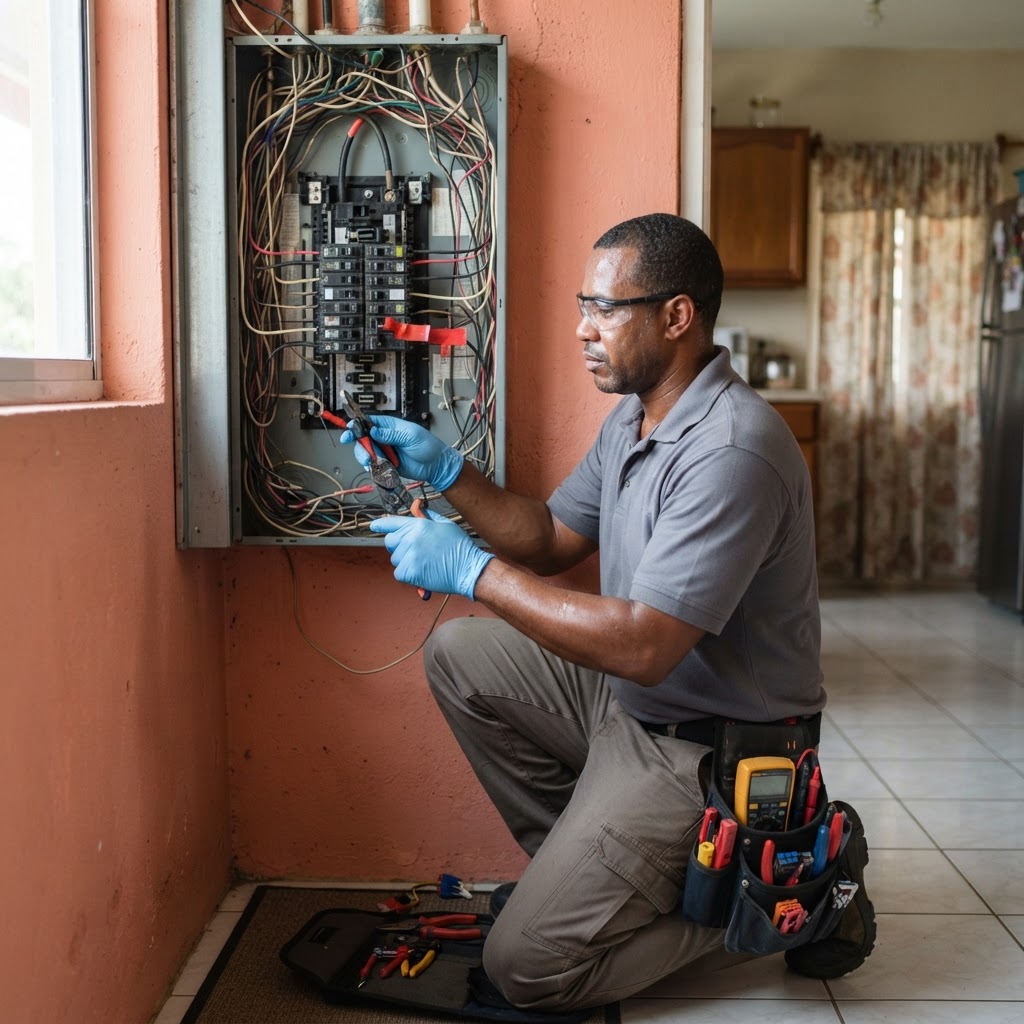 Qualified electrician safely working on residential electrical wiring.