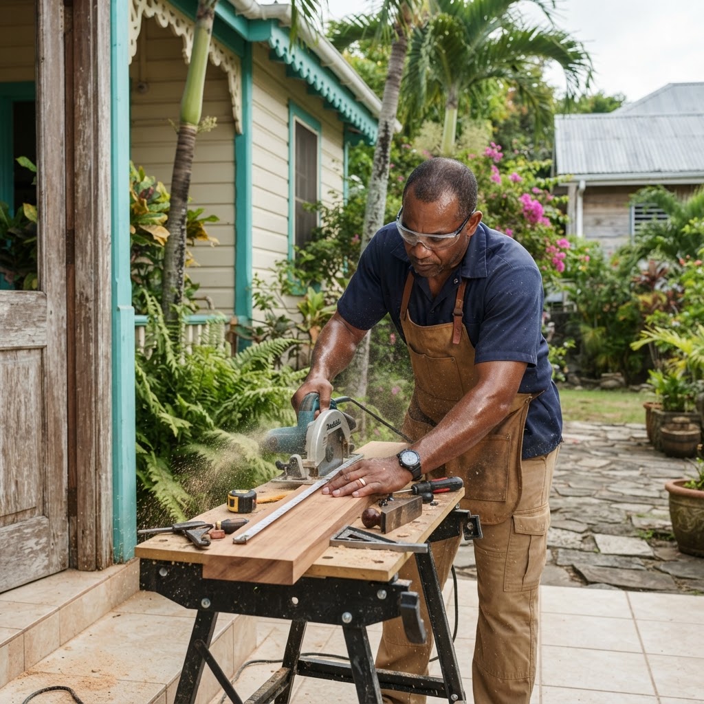 Professional carpenter working with wood, measuring and cutting.
