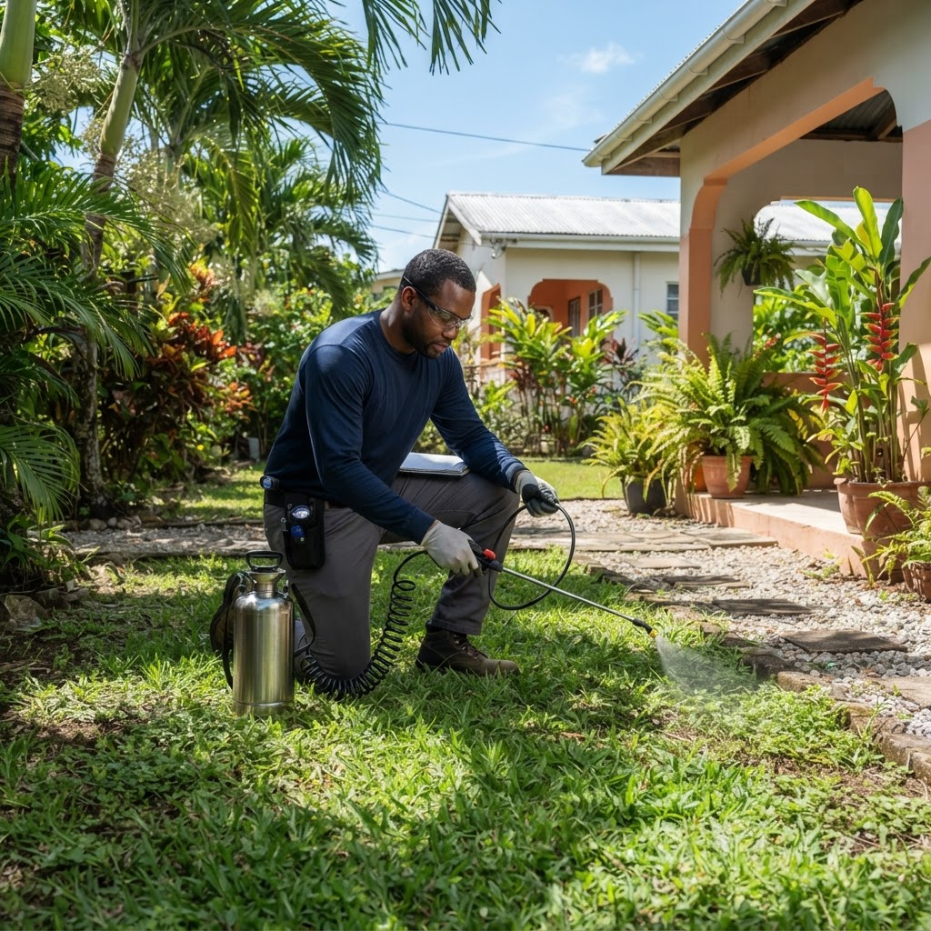 Professional pest control technician treating a yard for fleas.