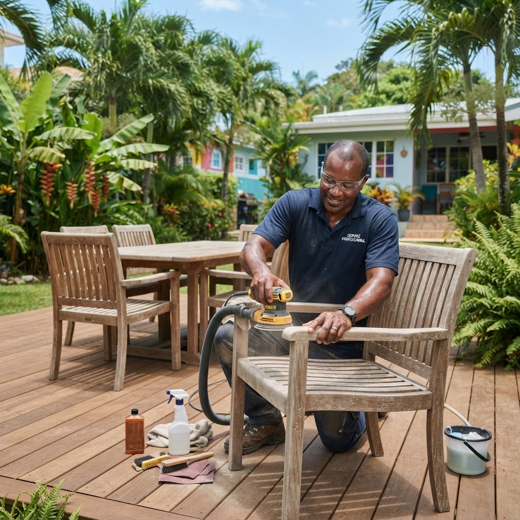 Professional servicing outdoor furniture maintenance.