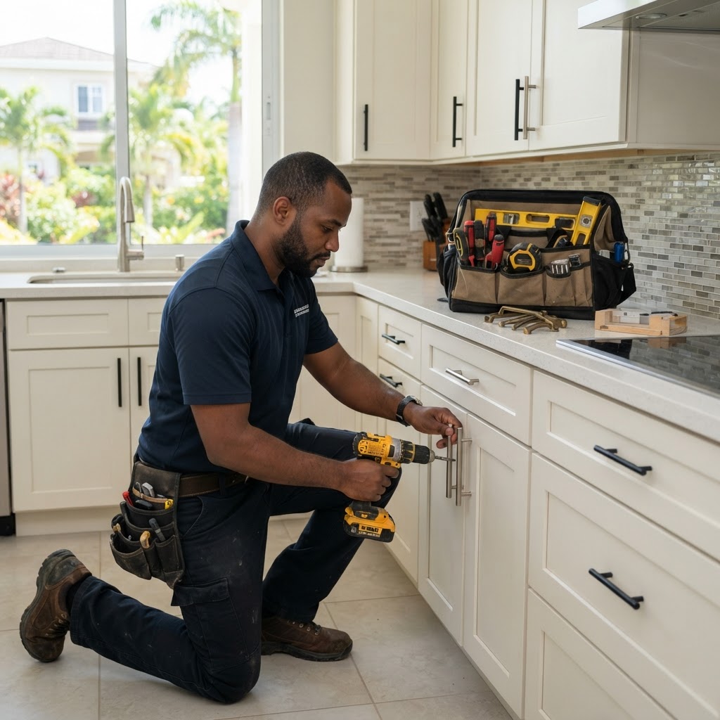 Professional carpenter installing kitchen cabinets.