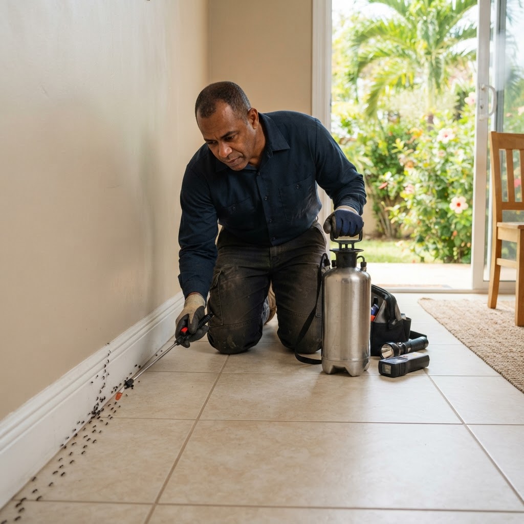 Professional pest control technician treating an ant infestation along a baseboard.