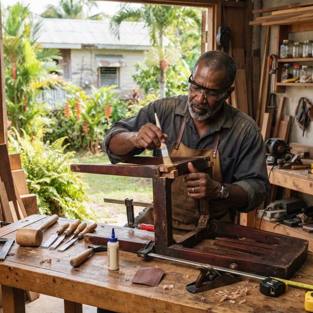 Professional carpenter repairing wooden furniture.
