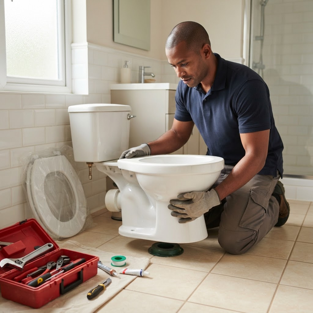 Professional installing toilet installation.