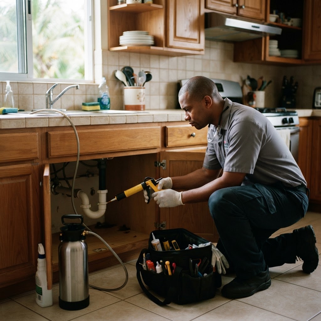 Professional pest control technician applying cockroach gel bait in a kitchen.