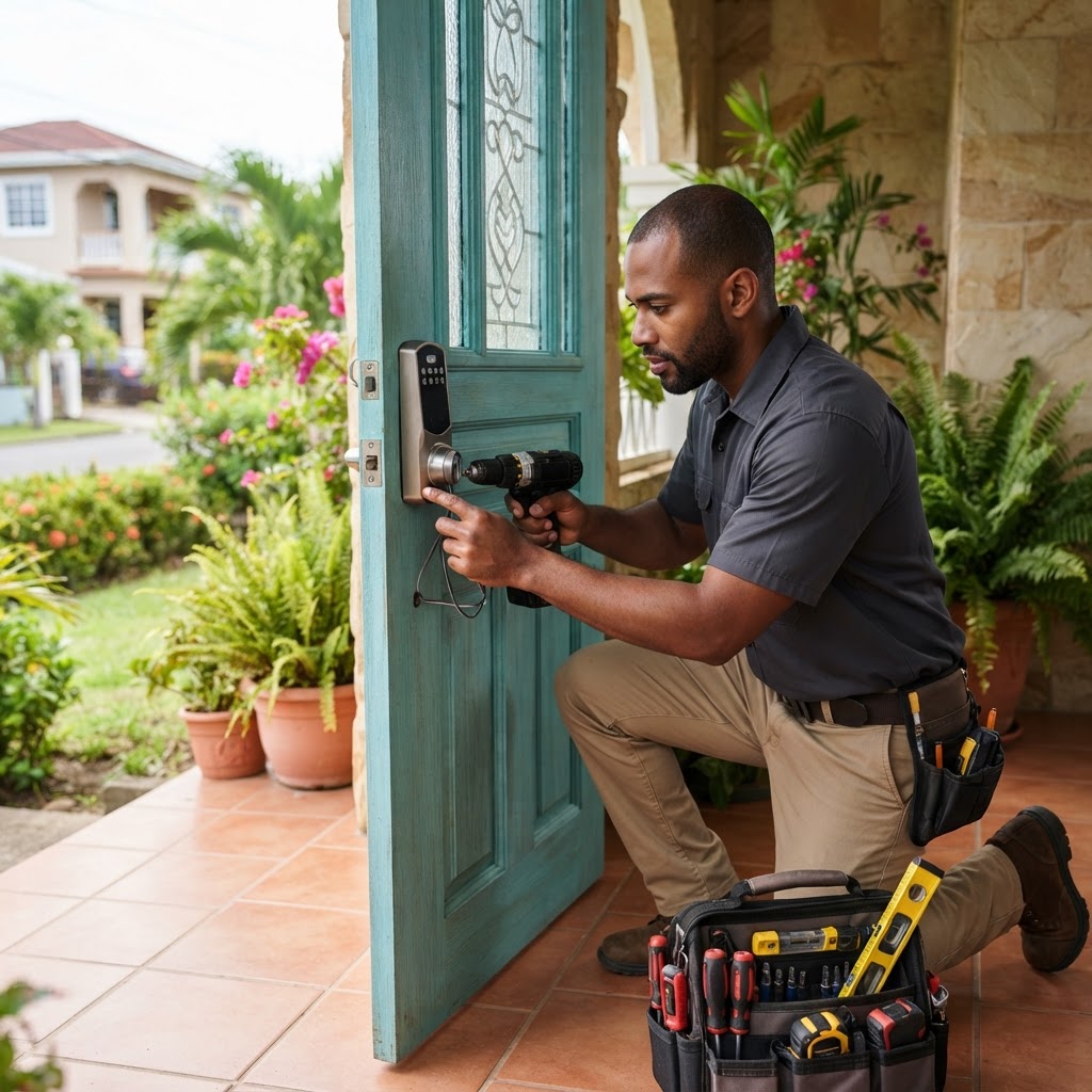 Professional installing smart door lock installation.