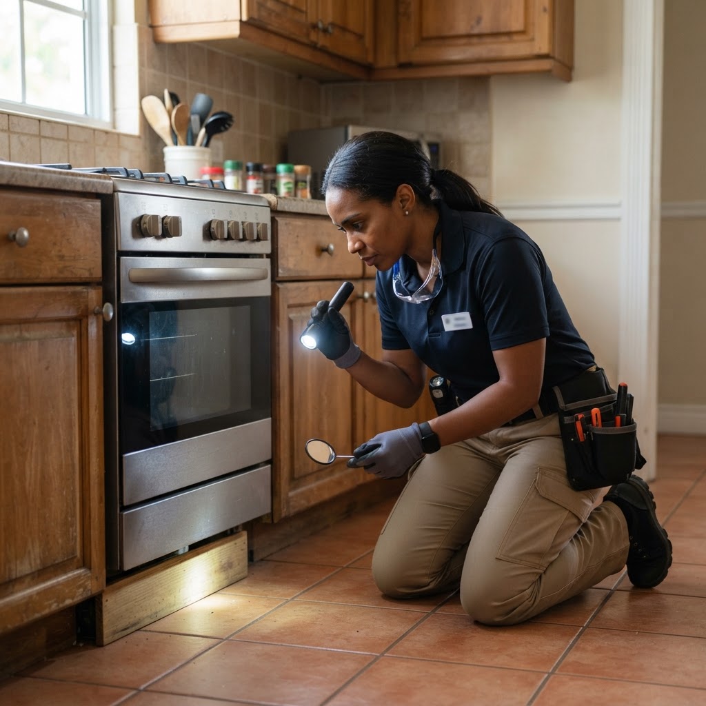 Professional pest control technician inspecting rodent entry points in a home.