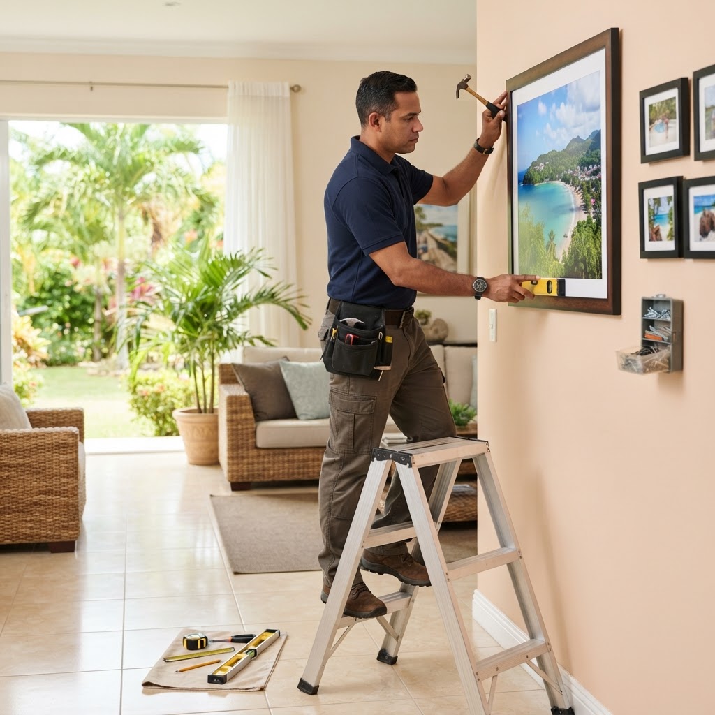 Professional installing picture hanging.