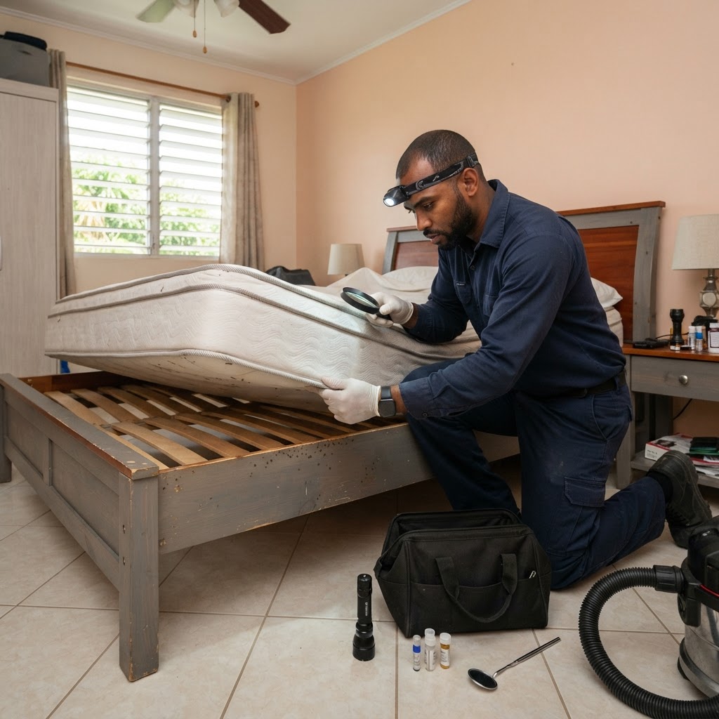 Professional servicing mattress and bed-frame inspection.