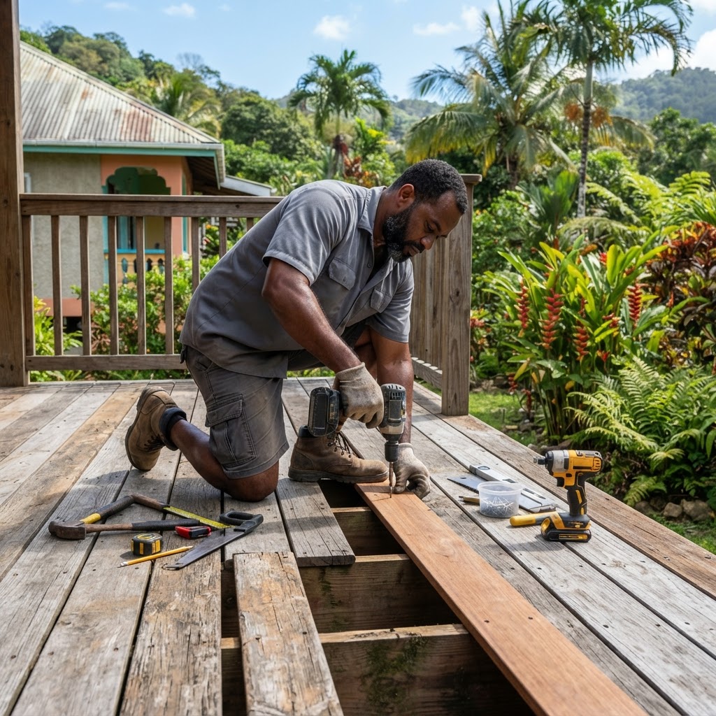 Professional repairing deck repairs.